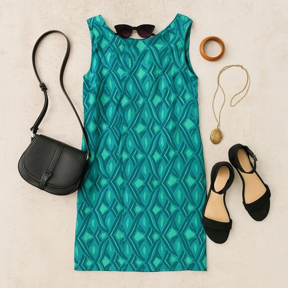 Rainbow Jo Dress Small Green Geo Print Sleeveless Shift Knee Length Scoop Neck - Picture 2 of 7